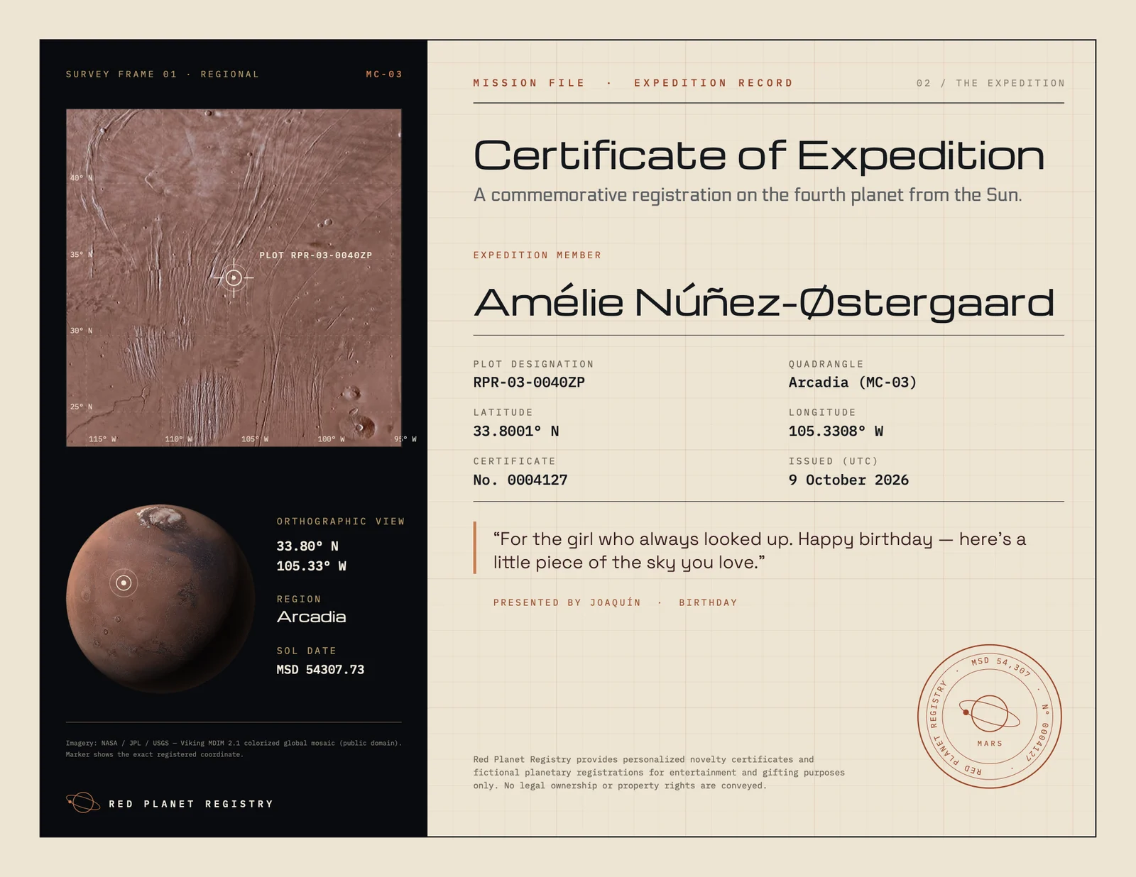 The Expedition certificate example, personalized for Amélie Núñez-Østergaard